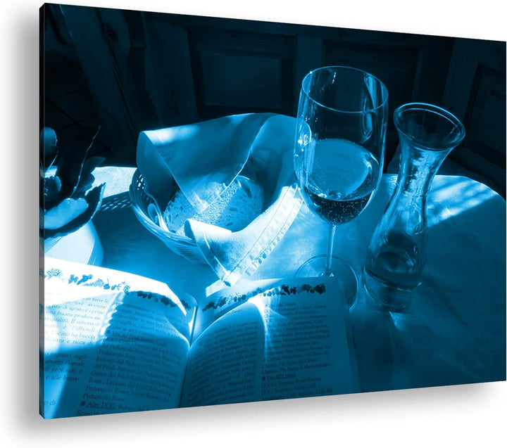 deyoli Brot und Wein Format 80x60 Effekt: Monocrome Blau als Leinwandbild, Motiv fertig gerahmt auf