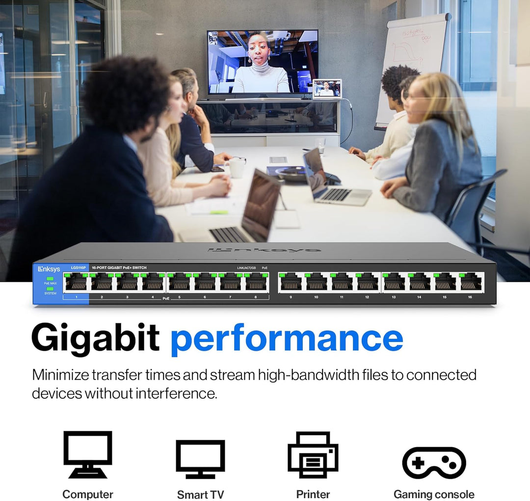 Linksys LGS116P-EU 16-Port Unmanaged Gigabit-Netzwerk-Switch mit 8 PoE+-Ports, Ethernet-Splitter – b