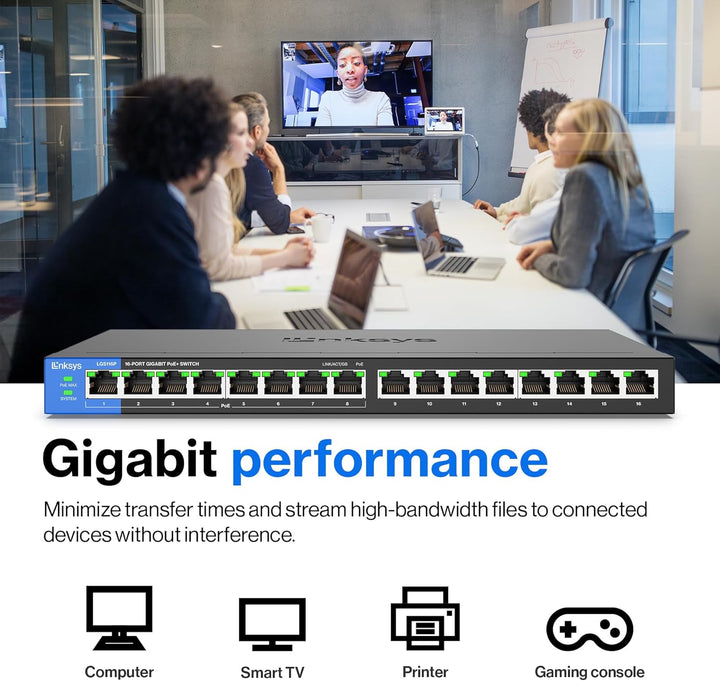 Linksys LGS116P-EU 16-Port Unmanaged Gigabit-Netzwerk-Switch mit 8 PoE+-Ports, Ethernet-Splitter – b