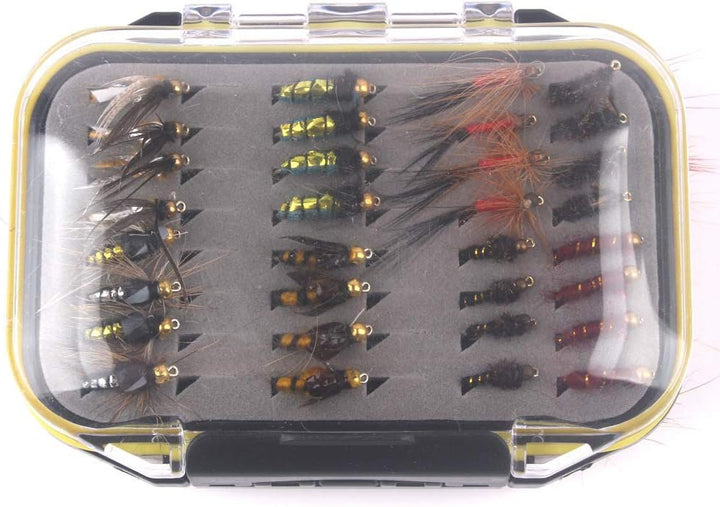 MKNZONE Fliegenfischen Köder Set mit wasserdichte Box, Fliegen Form Angeln handgebunden Fliegen Köde