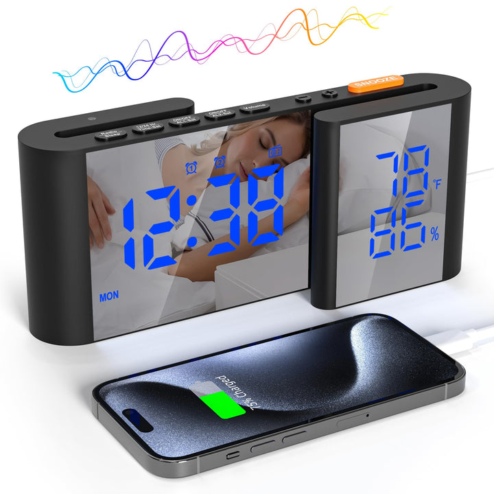 Lancoon Digitaler Radiowecker 6'' Spiegel LED Uhr mit Luftfeuchtigkeit und Temperatur Duale Alarmein