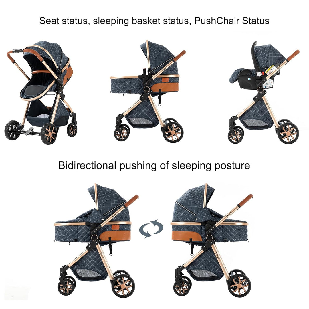 Nine point nine Kinderwagen 3 in 1, Kinderwagen Set mit Umkehrbarem Doppelschiebemodus, Kombikinderw