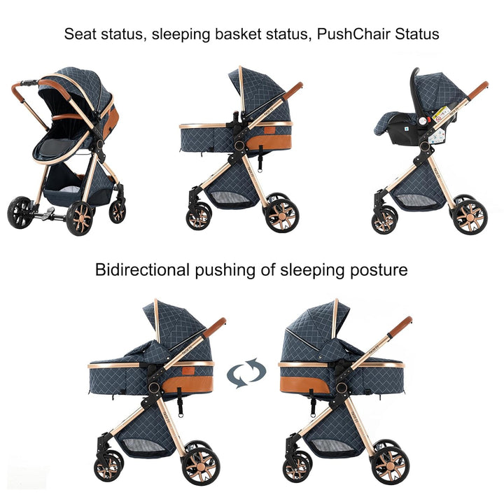 3 in 1 Kinderwagen Komplettset mit Ein-Klick-Faltdesign, Zwei Umkehrbaren Schiebemodi, Rahmen aus Al