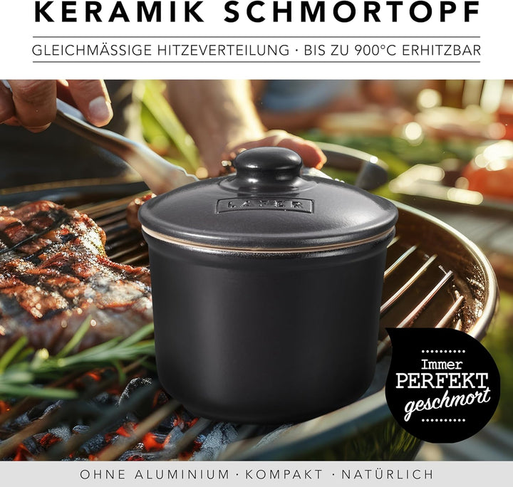 Römertopf BBQ Feuertopf Ø 12,5 cm – Mini Schmortopf mit Deckel aus hochwertiger Keramik – ideal für
