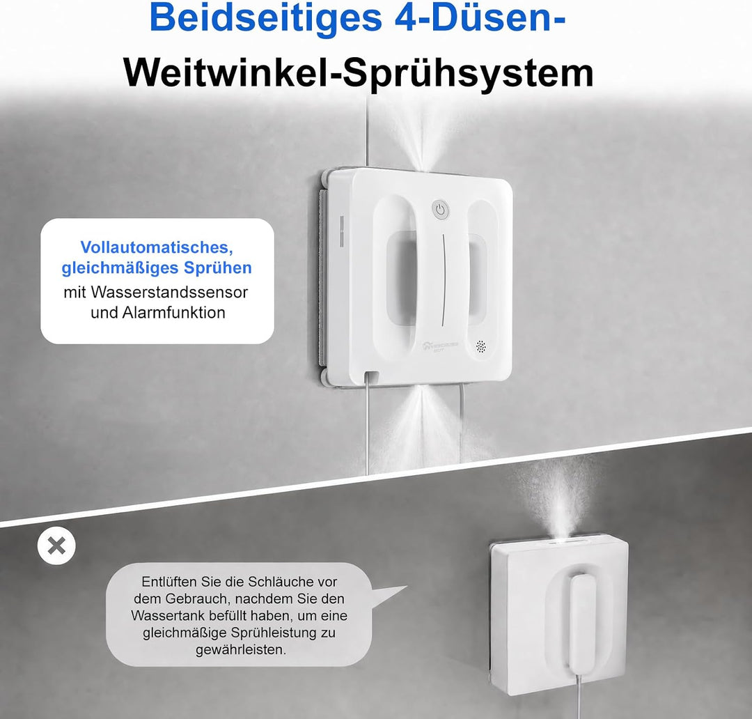 Fensterputzroboter mit 4-Fach Sprühsystem, Automatische Fensterreinigung für rahmenlose &amp; gerahmte F