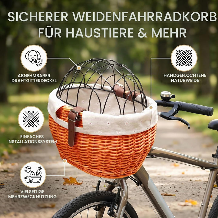 Fahrrad-Haustierkorb, Handgewebter Korbgeflecht-Fahrrad-Vorderkorb, Fahrradkorb, Haustier-Transportb