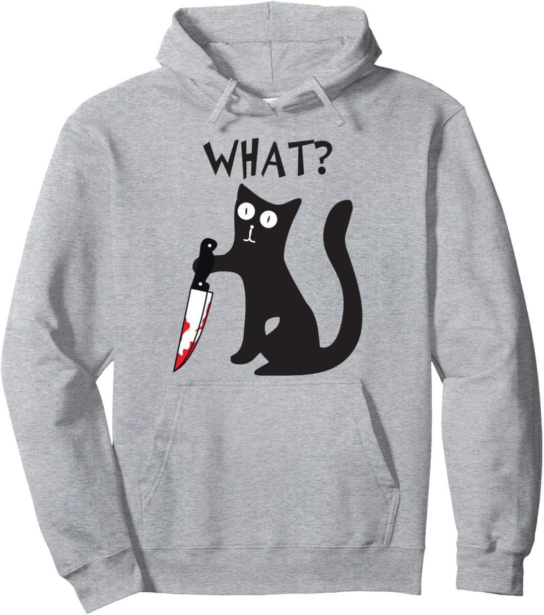 Cat What? Funny Black Cat Murderous Cat With Knife Halloween Pullover Hoodie