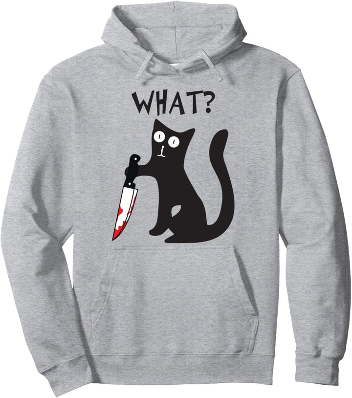 Cat What? Funny Black Cat Murderous Cat With Knife Halloween Pullover Hoodie