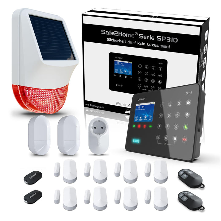 Safe2Home Funk Alarmanlage Komplett Set SP310 Profi - Solar Sirene Rolling Code - wechselnde Frequen
