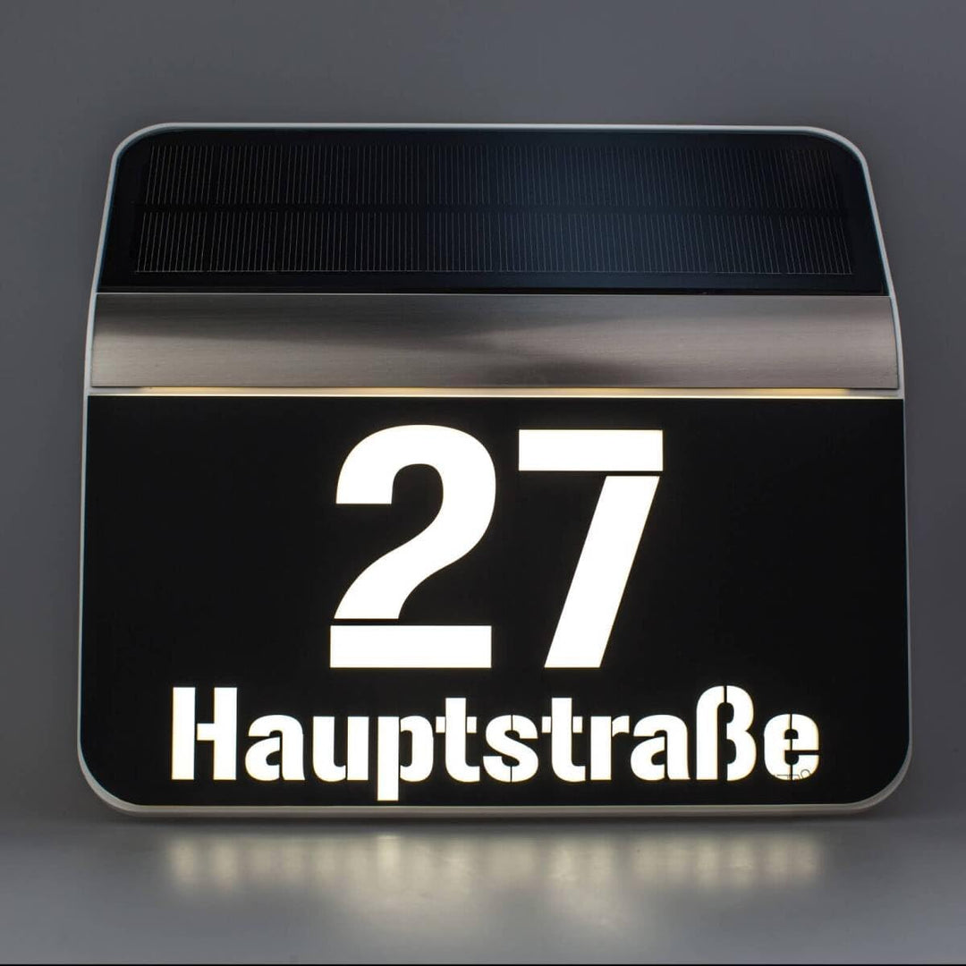Metzler Hausnummer mit Solar Beleuchtung in Schwarz - LED beleuchtete Hausnummer mit Dämmerungssenso