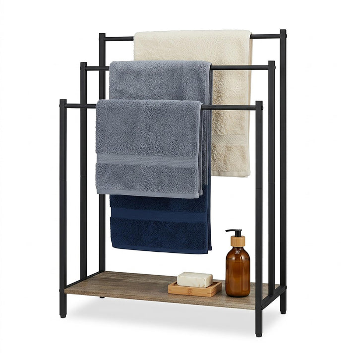 Relaxdays Handtuchständer mit Ablage, HxBxT: 82,5x60x28 cm, Holzoptik, 3 Stangen, Handtuchhalter ste