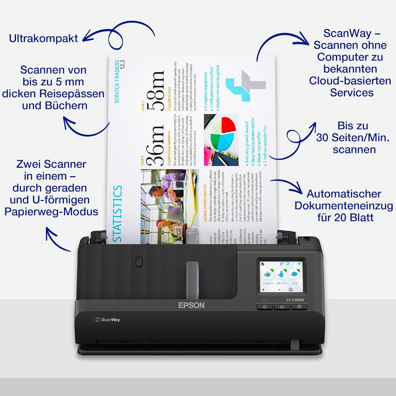 Epson Netzwerk Scanner ES-C380W, kompakter A4 Business Scanner mit geringem Stromverbrauch, Duplex-E