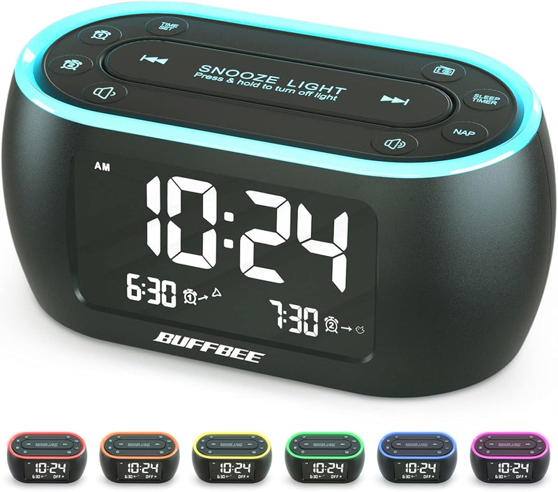 BUFFBEE Nachttisch-Wecker-Radio mit 7-Farben, Dual-Alarm, Snooze, Dimmer, USB-Ladegerät, Nap Timer,