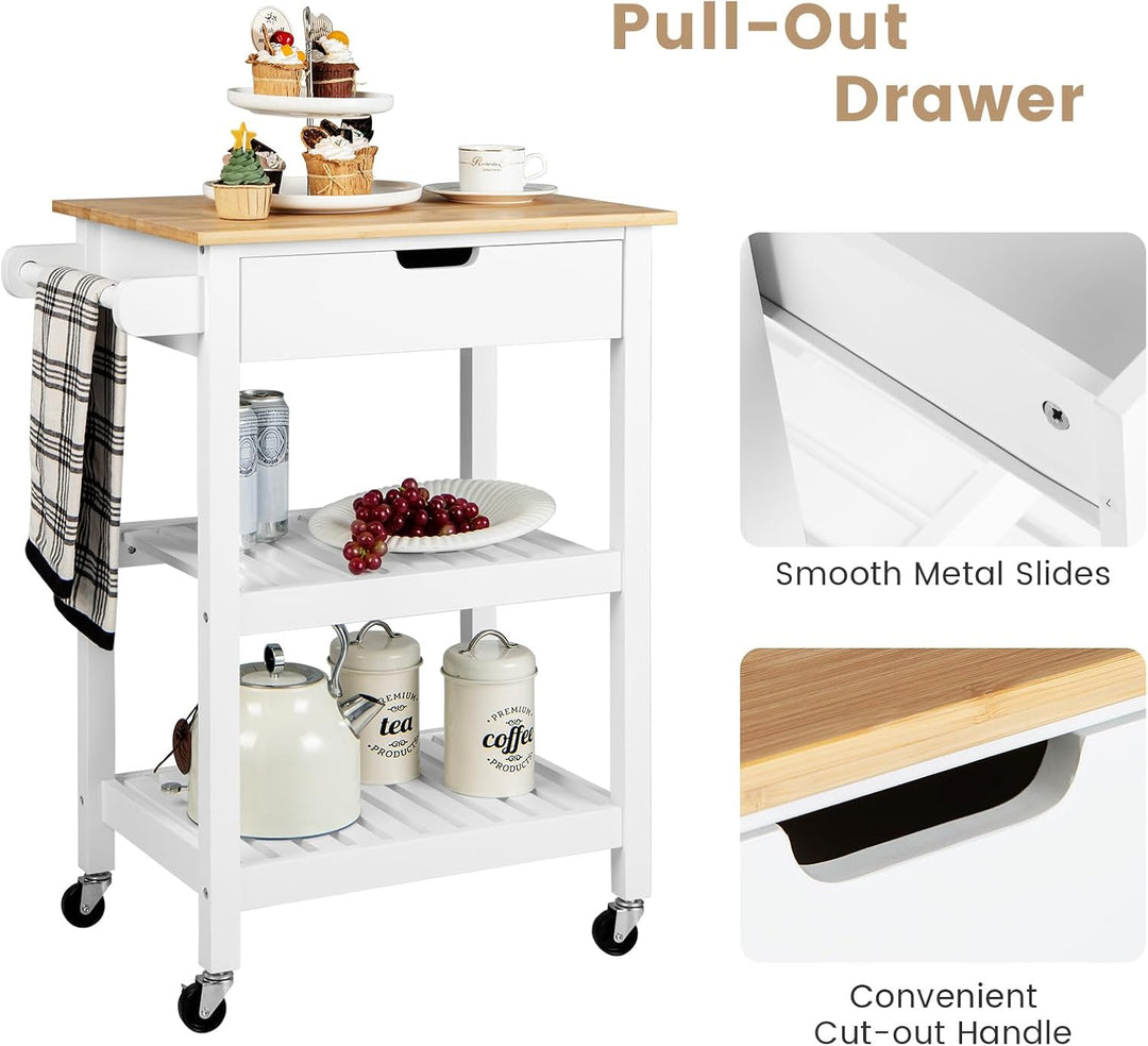 KOMFOTTEU Küchenwagen Kücheninsel aus Bambus & Holz, Servierwagen auf Rollen 66x40x85cm, Küchentroll