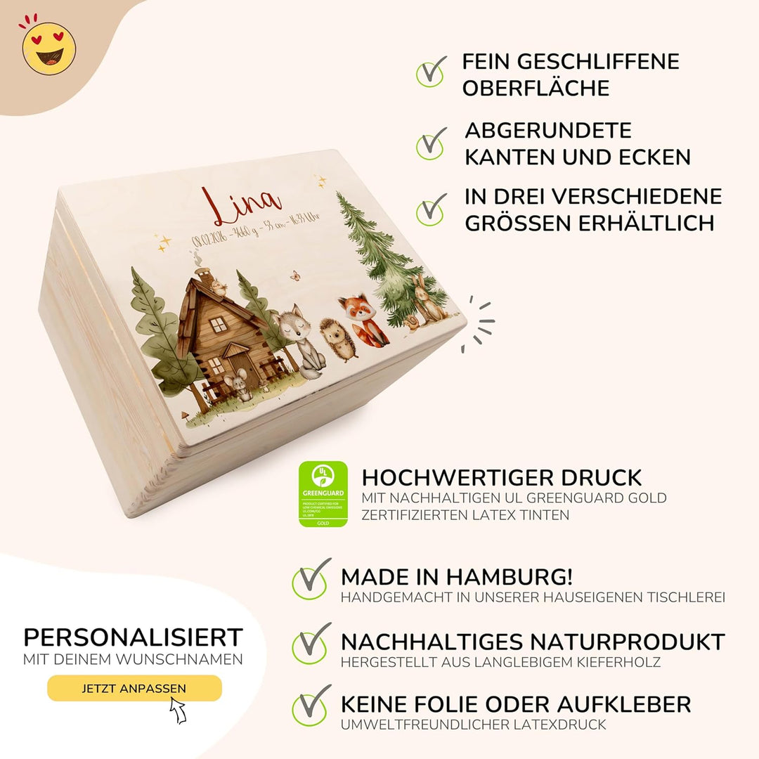 KIDSMOOD - Erinnerungsbox Baby, personalisierte Holzkiste mit Deckel, Ideal zur Aufbewahrung von Eri