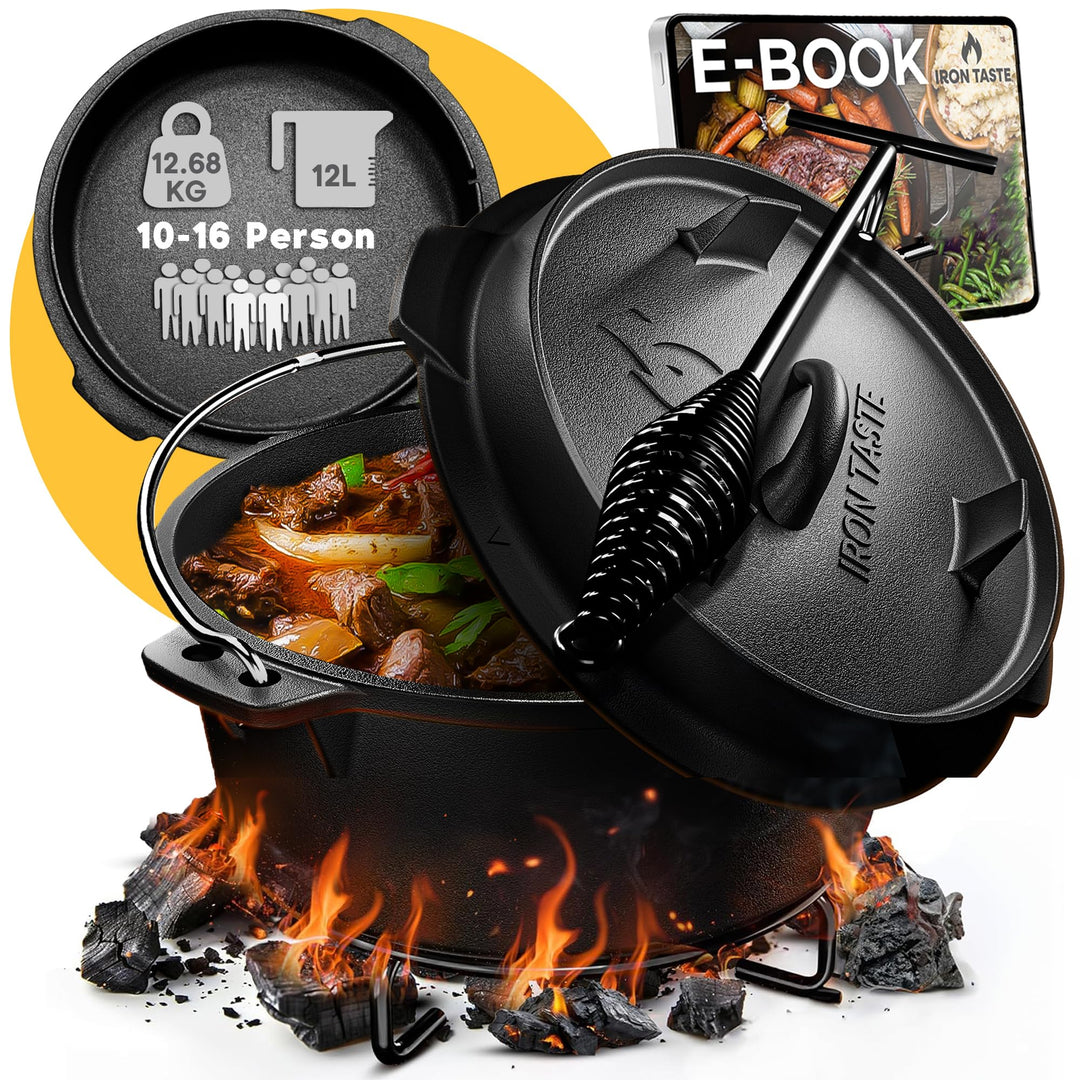 IRON TASTE Dutch Oven Set 12L - Eingebrannter Dutch Oven 12 Liter - Feuertopf Gusseiserner Topf mit