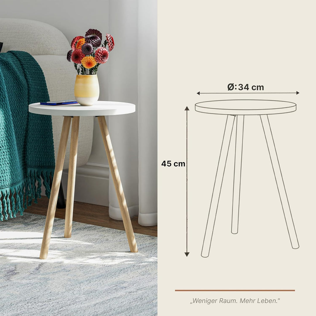Beistelltisch Rund Weiss Dreibein Holzbeine Ø34x45cm Sofatisch Couchtisch Nachttisch Wohnzimmer Skan