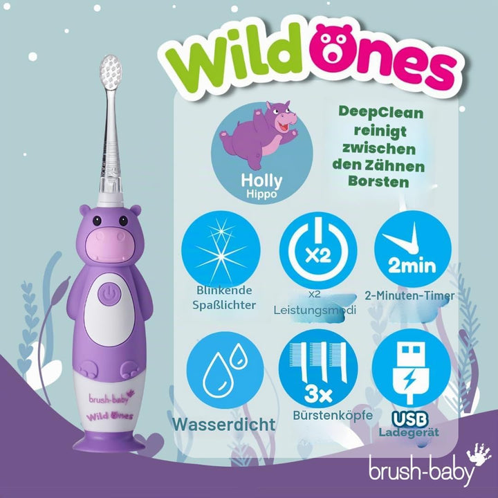 Brush-Baby WildOnes Kinder Elektrische Wiederaufladbare Zahnbürste, 1 Griff, 3 Bürstenköpfe, USB-Lad