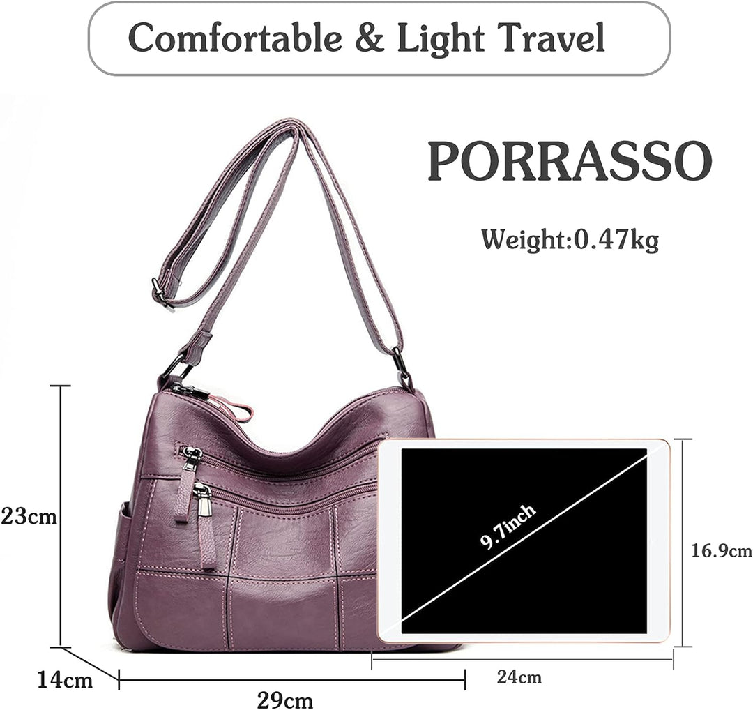 PORRASSO Retro Umhängetasche Damen Schultertasche Multi-Tasche Handtasche Weich Frauen PU Leder Schu