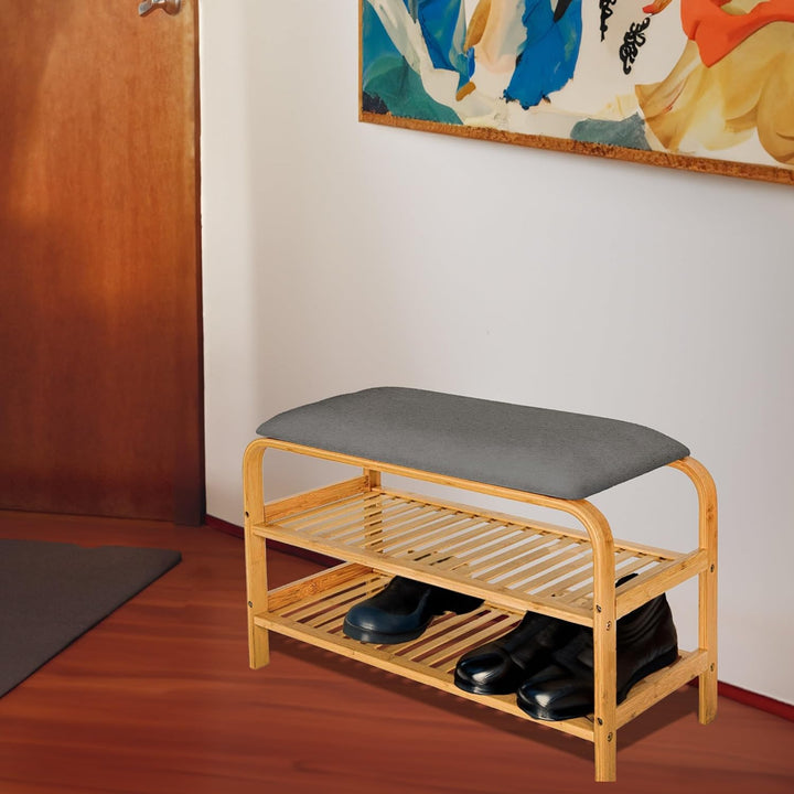 Bambus Schuhregal, Schuhregal aus Bambus mit Sitzbank, Schuhbank mit Sitzkissen, Sitzbank mit zwei E