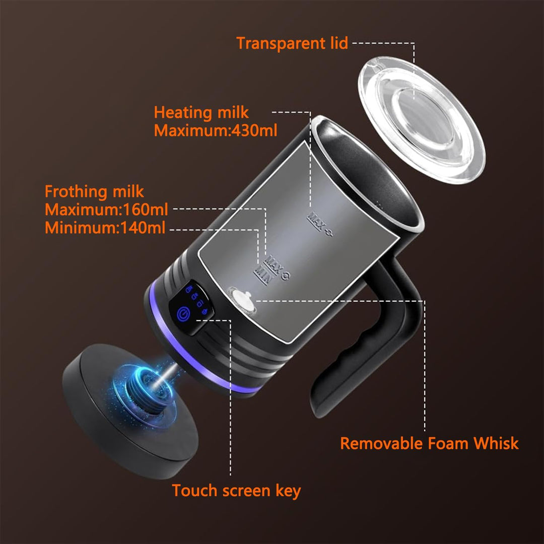 Elektrischer Milchaufschäumer, 430 ml Edelstahl Milchaufschäumer, Antihaftbeschichtung,warmer und ka