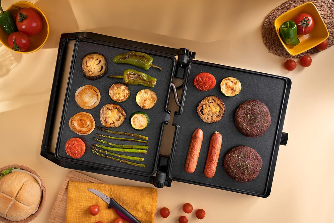 Jata JEGR1913 Elektrischer Doppel-Grill-Grill mit 2 Grillplatten, 29 x 24 cm, Öffnung 180°, kippbare