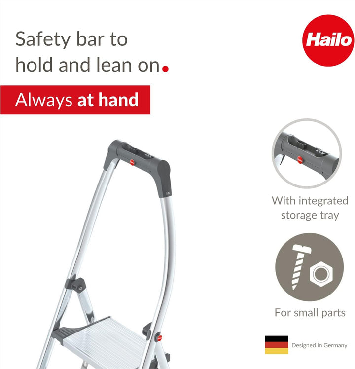 Hailo LivingStep Comfort, Alu-Klapptritt, 3 Stufen, hoher Sicherheitshaltebügel, Füsse mit Soft-Grip