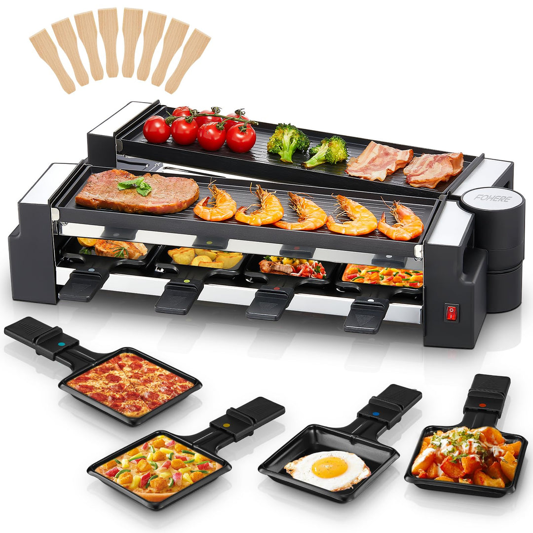 FOHERE Raclette Grill, Drehbarer Raclette 8 Personen mit Antihaftbeschichteter Backplatte und 8 Käse