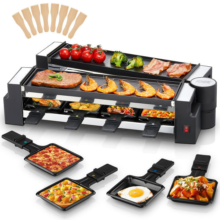 FOHERE Raclette Grill, Drehbarer Raclette 8 Personen mit Antihaftbeschichteter Backplatte und 8 Käse