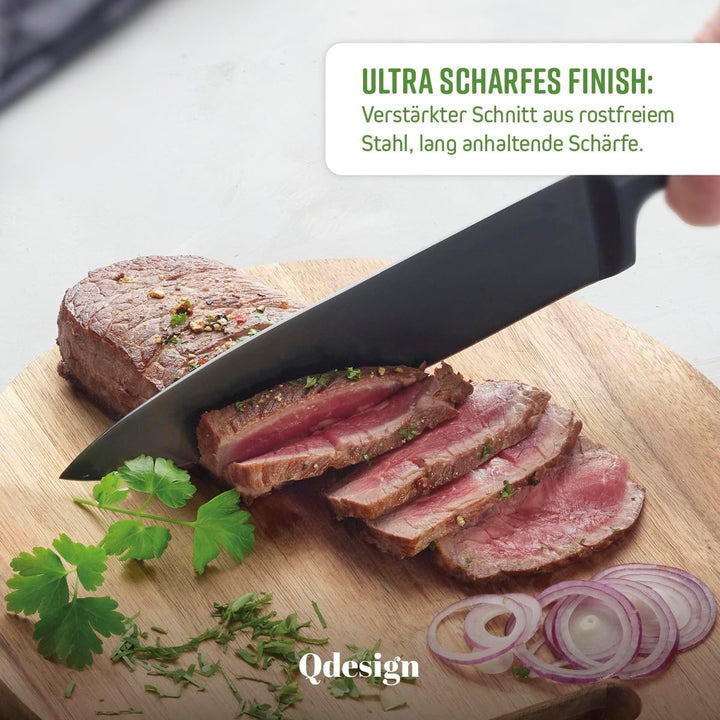 Qdesign - 8er-Set Messer aus Edelstahl - Koch-, Brot-, Aufschnitt-, Ausbein-, Santoku-Messer - für O