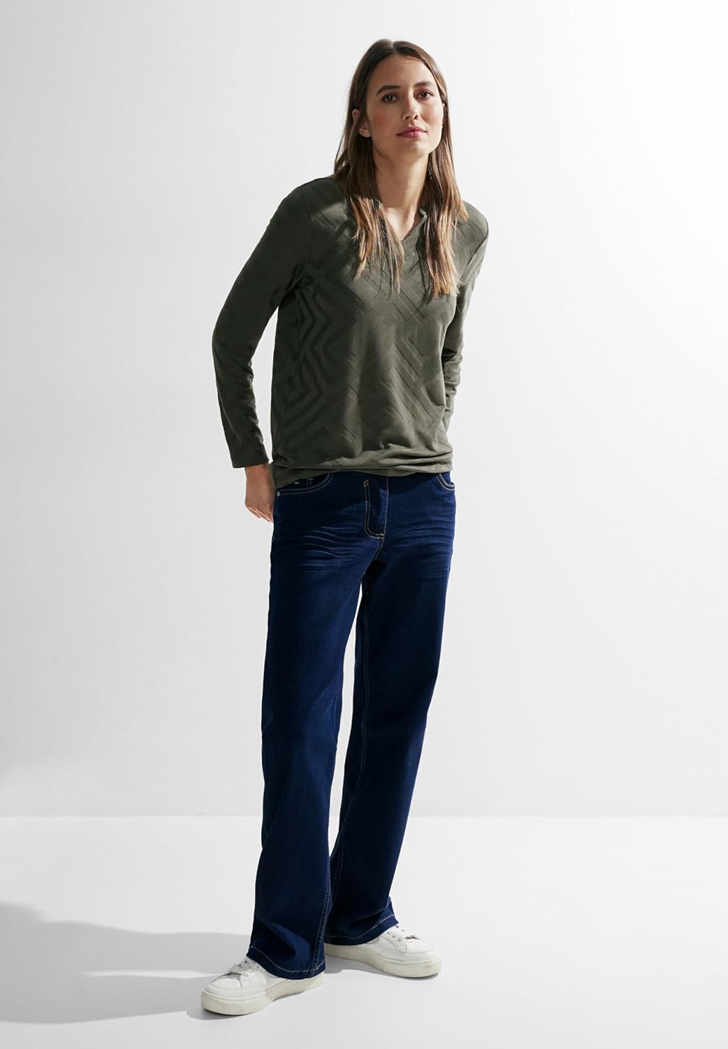 Cecil Damen Jacquard Langarmshirt S Dynamic Khaki, S Dynamic Khaki