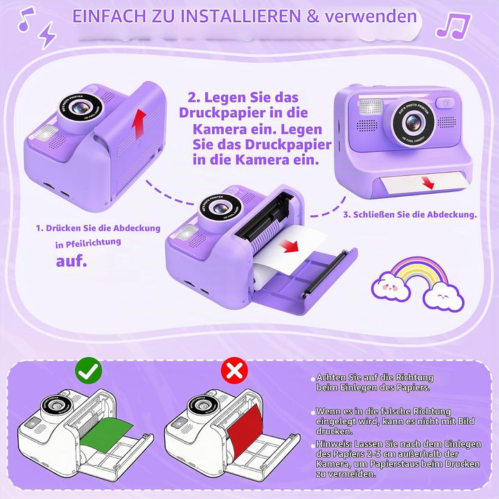 Kinderkamera Sofortbildkamera, 2,4-Zoll Selfie Kamera mit 32GB Karte | 3 Rollen Fotopapier, 1080P Ki