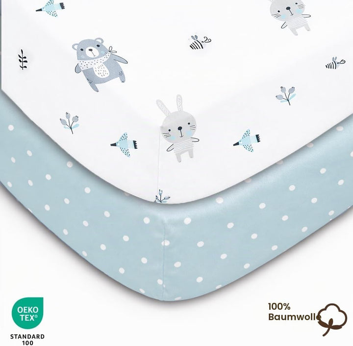 Lovely Hippo 2X Spannbettlaken 83x50cm 100% Baumwolle + 1X Matratzenschoner 100% wasserdichtem Mater
