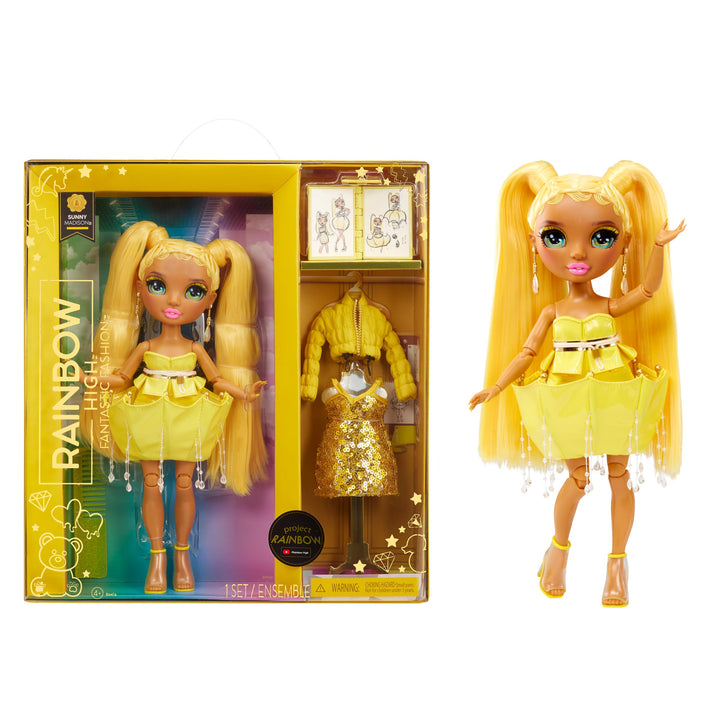 Rainbow High Fantastic Fashion Puppe - Sunny Madison - Gelbe Modepuppe und Spielset mit 2 Outfits &amp;