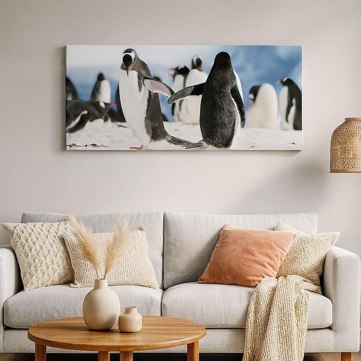 Wandbilder Dekoration Wohnzimmer Pinguine Winter Natur Schnee Panorama Bilder auf Leinwand 120x50cm