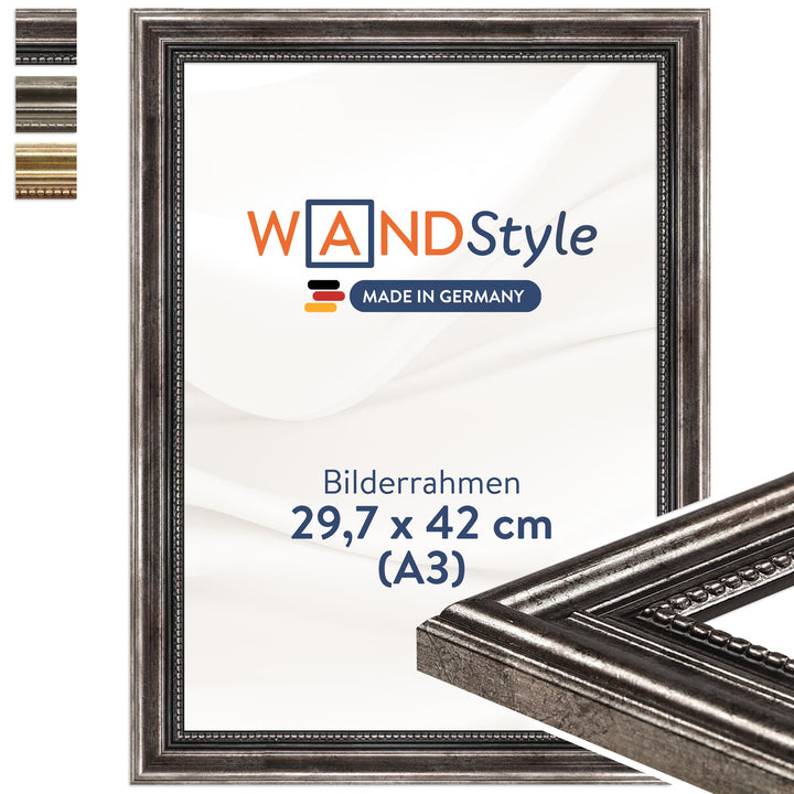 WANDStyle Bilderrahmen Antik 30x42cm DIN A3 I Farbe: Metall I Holzbilderrahmen I Fotorahmen I Barock