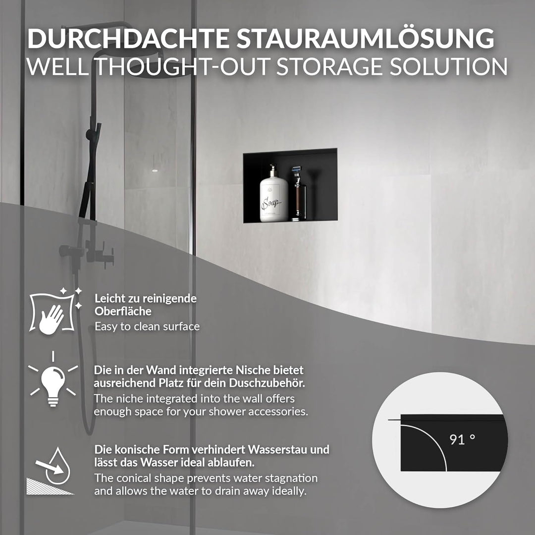 LuxeBath Wandnische aus Edelstahl, 20x30x10 cm, Schwarz, Duschnische, Randlos, Einbauregal, Flexible
