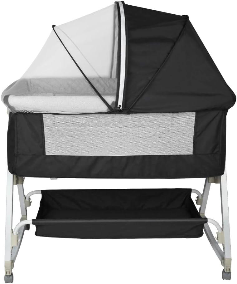 Babybett, 6-stufig Höhenverstellbar,Wiege mit Matratze und Moskitonetz, Mobile Babywiege für Neugebo