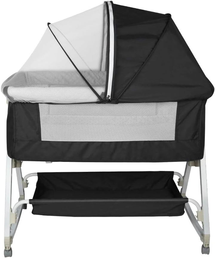 Babybett, 6-stufig Höhenverstellbar,Wiege mit Matratze und Moskitonetz, Mobile Babywiege für Neugebo