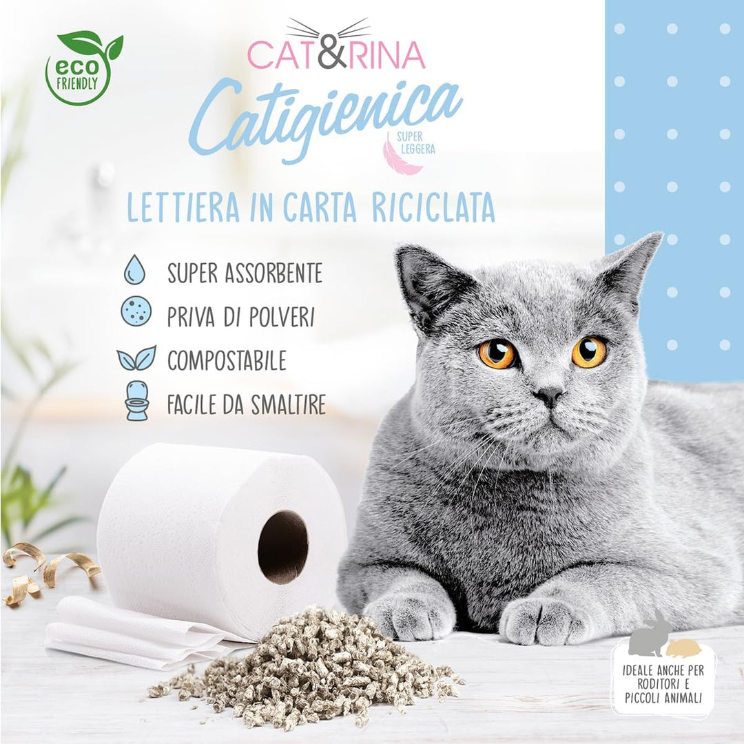 Cat&Rina Extra-absorbierendes Papier-Katzenstreu. Biologisch abbaubar und in der Toilette zu entsorg
