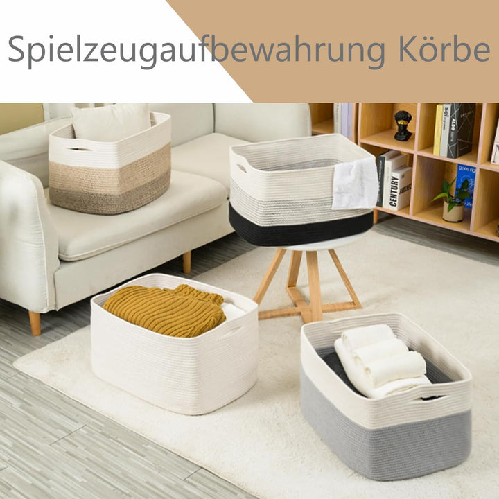 Wäschekorb geflochten aus Baumwolle (55x43x30,5cm) - Handgefertigter Wäschesammler mit Griff - Weiss