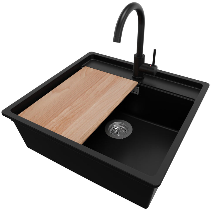 Unterbauspüle Granit Schwarz 56x53cm, Spülbecken 1 Becken + Ablauf-Set + Küchenarmatur + Schneidebre