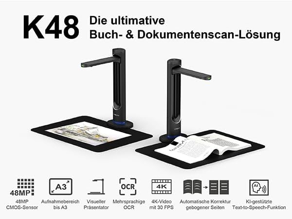 VIISAN K48 A3 Overhead Buchscanner – 48MP Sensor, 600 DPI, Automatische Seitenkrümmung-Glättung, Las
