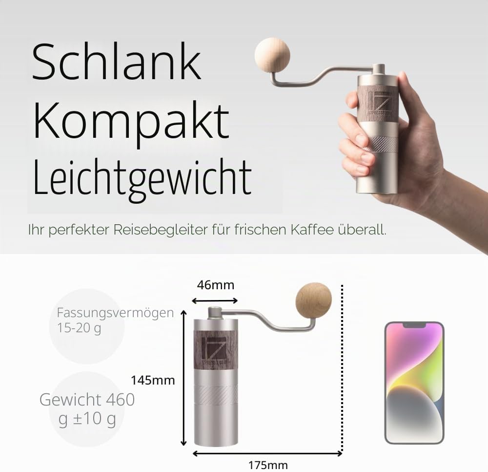 1Zpresso Q Manuelle Kaffeemühle - Kurbelgriff mit, Mini Slim Travel Grösse Passt in den Kolben, Mont