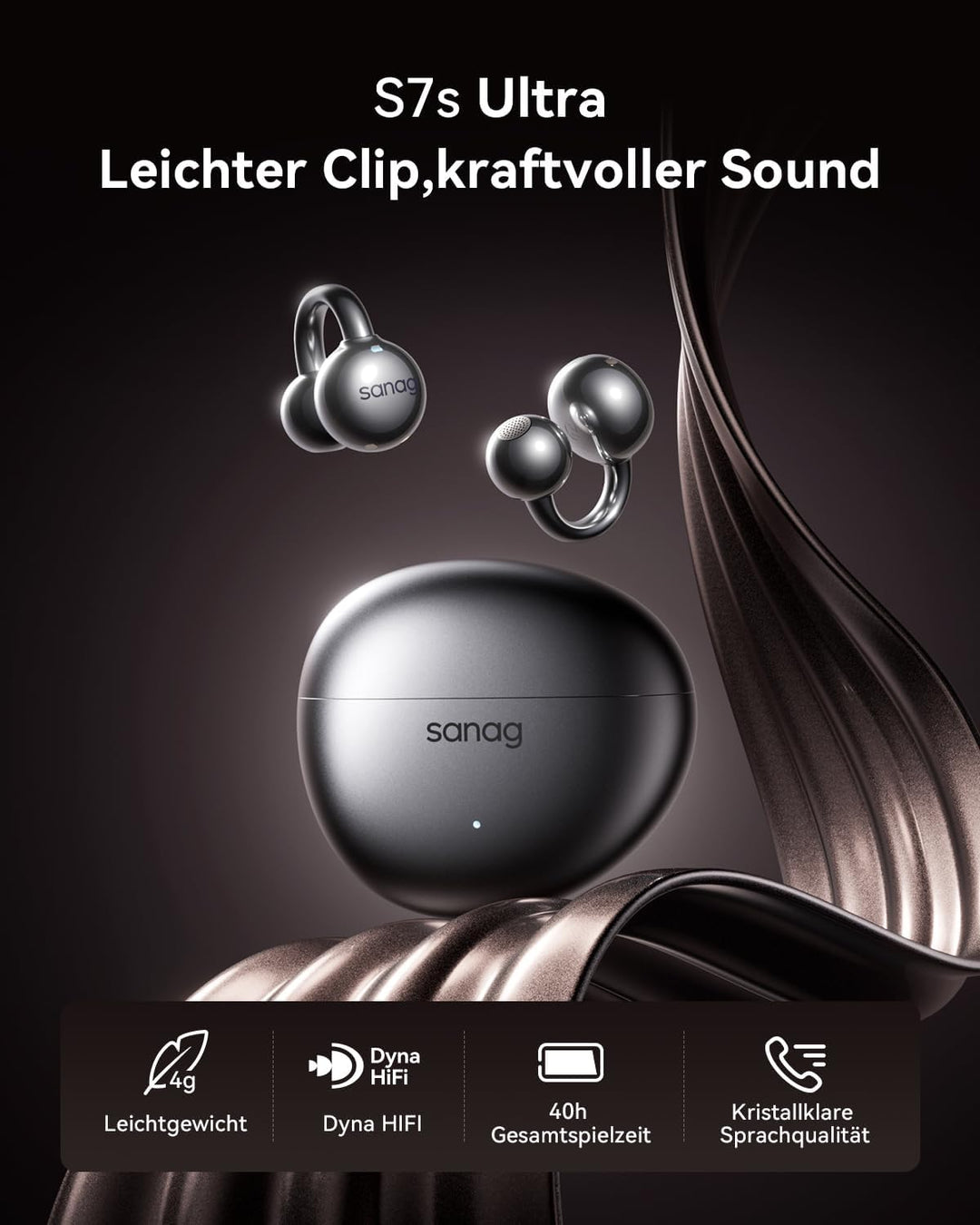 SANAG S7SUltra Open Ear Kopfhörer, Clip On Earbuds Kabellos Dyna HiFi, Bluetooth 6.0, 40H Spielzeit,