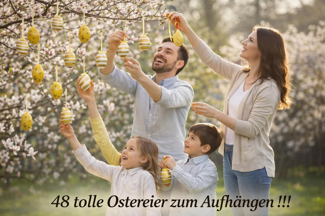 KAMACA 48er Set Ostereier Gelb-Gold – Edles Design mit Streifen & Blumen – Mix aus 24x 6 cm & 24x 4