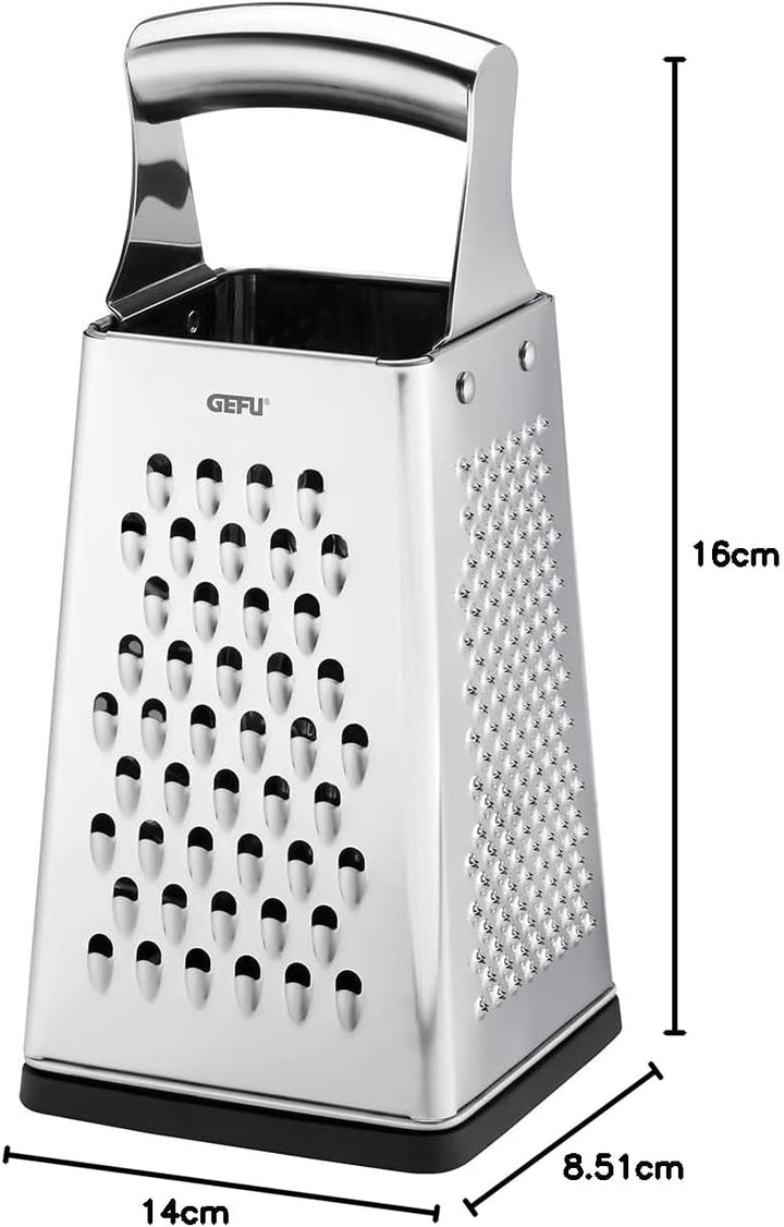 GEFU Vierkantreibe GRATO aus Edelstahl mit Auffangdeckel – 4-in-1 Multireibe für Scheiben, grob & fe