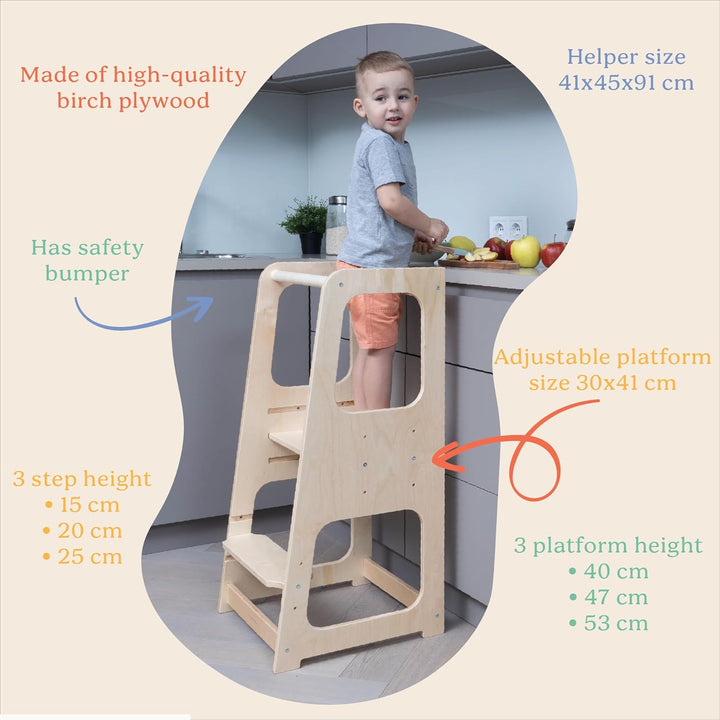 TOYBOX Lernturm für Kinder, Höchste Sicherheit, Montessori Lernturm ab 1 Jahr, Küchenhelfer und Lear