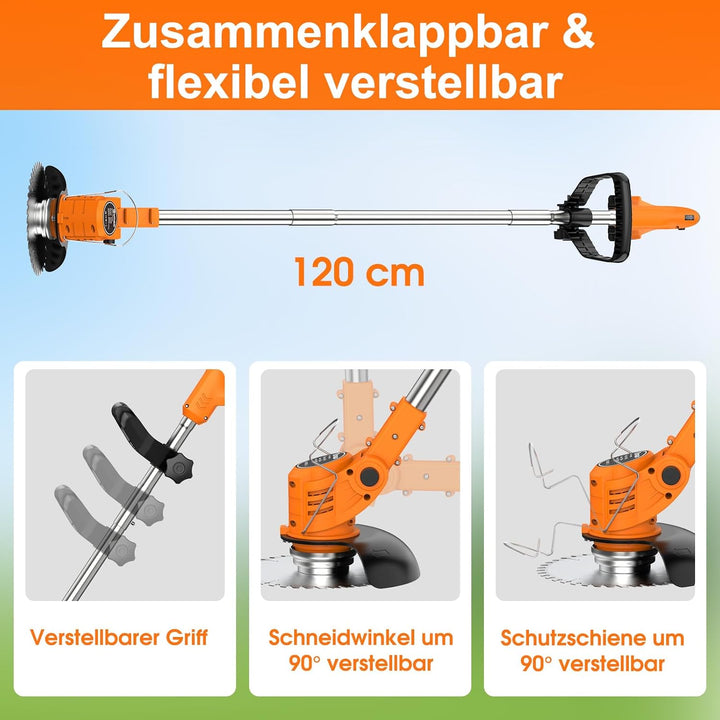 Akku-Rasentrimmer mit 2 * 21V Akku, 4 Messer, dreifach klappbarer Mäher, Rasenmäher, Akku-Gartenmähe