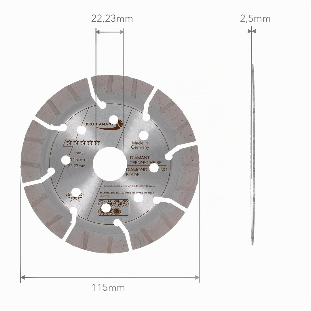 PRODIAMANT Profi Diamanttrennscheibe Beton Granit Oxx 115 mm x 22,2 mm Made in Germany lasergeschwei